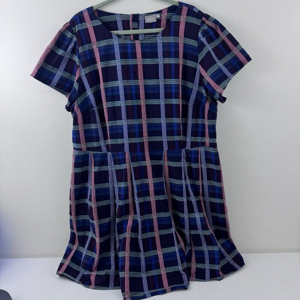 eShakti Plaid Fit and Flare Short Sleeve Dress Plus Size 3x / 26W Pleated